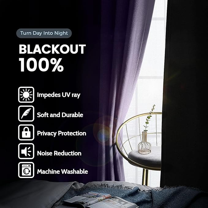 SimpleHome 100% Blackout Curtains for Bedroom,Thermal Insulated Lilac Grommet Window Drapes Room Darkening Curtains for Living Room with Black Back,38 x 72 Inch,2 Panels