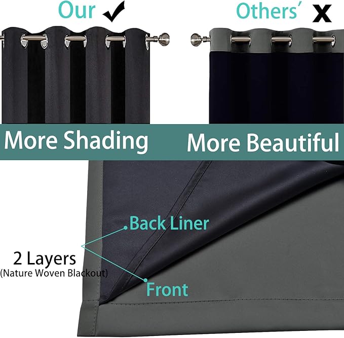 Yakamok 100% Dark Gray Blackout Window Curtain Panels Full Light Blocking Drapes with Black Liner Room Darkening Thermal Insulated Curtains for Bedroom/Living Room(Dark Grey, 52W x 96L, One Pair)
