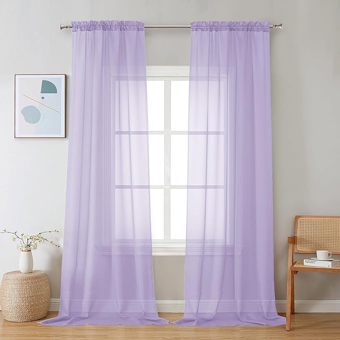 Chyhomenyc Lilac Sheer Curtains 108 Inches Long - Light Filtering Voile Extra Long Panel Drapes for Floor to Ceiling Window, Elegant Soft Living Room Curtains, Each 42Wx108L Inch, 9FT, 2 Panels