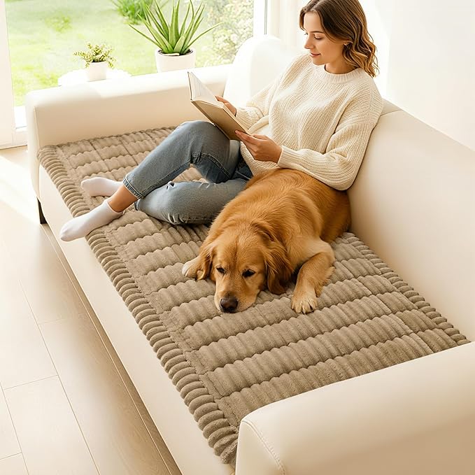 hyha Couch Covers for Dogs Washable, Non Slip Plush Dog Sofa Protectors, Fuzzy Pet Couch Covers for 3 Cushion Sofa Pet Friendly (Khaki, 27.6" x 47")
