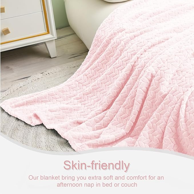 Exclusivo Mezcla Fleece Queen Size Blanket for Bed, 90x90 Inches Soft Cozy Jacquard Flannel Blankets, Lightweight Fuzzy Plush Warm for Women, Light Pink