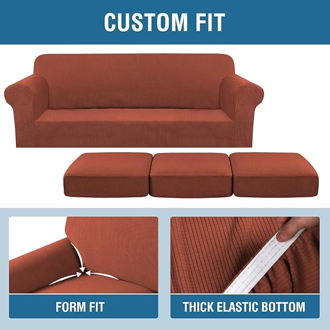 H.VERSAILTEX 4 Piece Stretch Sofa Covers for 3 Cushion Couch Covers for Living Room Furniture Slipcovers (Base Cover Plus 3 Seat Cushion Covers) Upgraded Thicker Jacquard Fabric (Sofa, Rust)