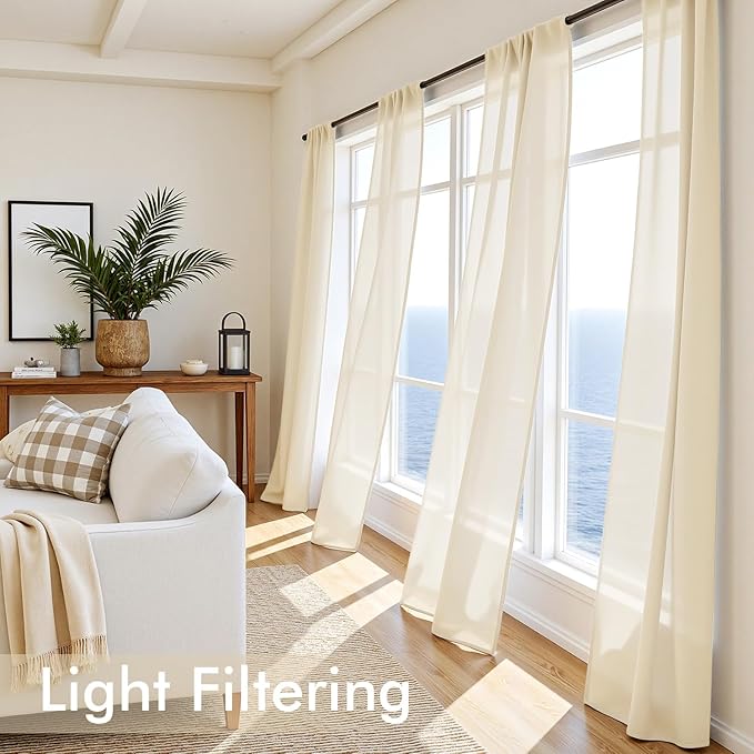 MIULEE Butter Cream Sheer Curtains 63 Inches Long, 4 Panels Set, Rod Pocket Voile Drapes Light Filtering and Semi Transparent, Elegant Window Treatments for Bedroom Living Room,54 x 63 Inches