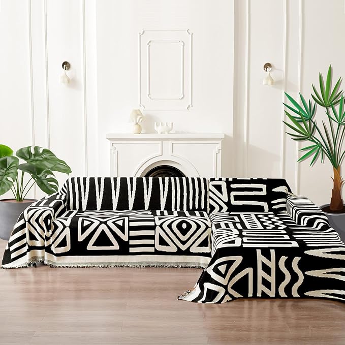 HANDONTIME Boho Sofa Covers for Dogs Black Couch Sofa Covers for 3 Cushion Couch Sofa Beige Chenille Sofa Slipcover Washable Sectional l Shaped Covers Pets Protector Furniture Covers, 91" X118"