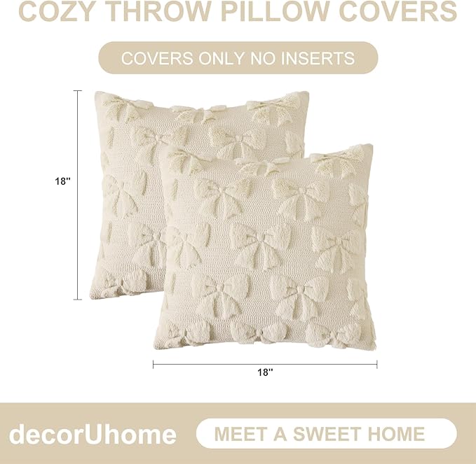 decorUhome Beige Bow Pillow Covers Set of 2 Coquette Aesthetic Cute Preppy Plush Faux Pillowcases for Girly Bedroom or Couch 18x18 Inch