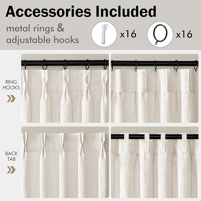 MIULEE Pinch Pleated Thick Linen Curtains 90 Inches Long 2 Panels for Living Room Bedroom, Memory Trained Pinch Pleat Drapes Back Tab Light Filtering Natural Ivory Cream Window Curtains with Hooks