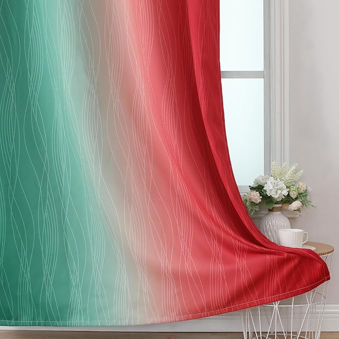 Estelar Textiler Red and Green Blackout Curtains for Christmas Room, Full Room Darkening Grommet Ombre Curtains for Bedroom, Thermal Insulated Light Blocking Gradient Drapes, 52Wx63L, 2 Panels