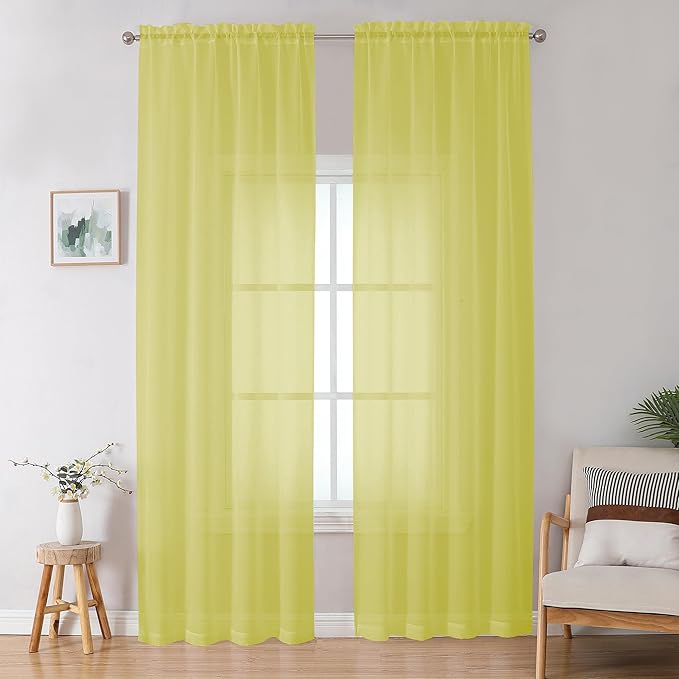 OWENIE Lemon Sheer Curtains for Bedroom Living Room 96 Inches Long 2 Panels Set, Soft Solid Light Filtering Clear Sheer Ceiling to Floor for Large Window, 2Pcs, Each 42" W x 96" L, Lemon