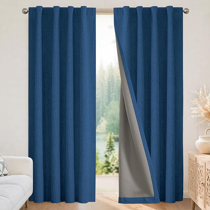 Joydeco Blackout Curtains for Bedroom - 100% Light Blocking 2 Panels Navy Blue Drapes 37" W x 84" L, Thermal Insulated Room Darkening Curtains, Linen Textured for Living Room, Rod Pocket & Back Tabs