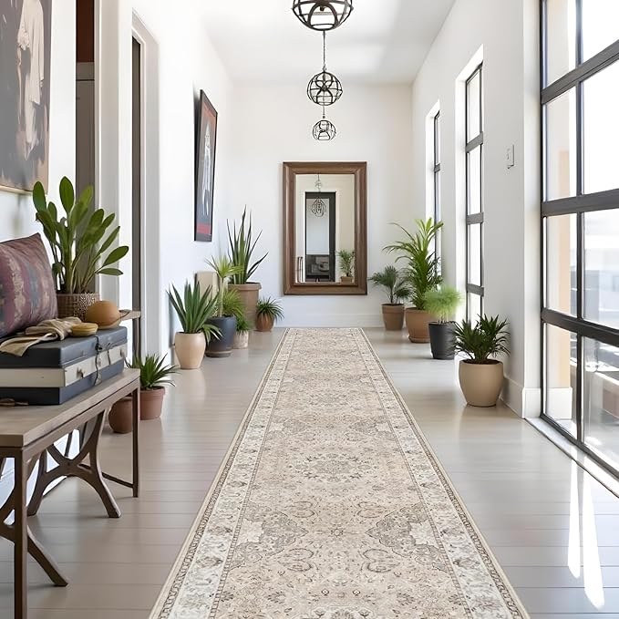 Washable Hallway 3x18 Runner Rug: Vintage Ultra Soft Non Slip Runner for Kitchen Entrance Indoor Farmhouse Long Carpet for Living Room Bathroom Low Pile Floor Mat for Bedroom Dining Room (3X18, Beige)