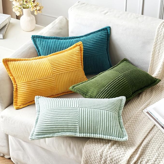 MIULEE Decorative Lumbar Throw Pillow Covers for Couch Bed Livingroom 12x20 Inch Set of 2 Teal Blue Boho Accent Throw Pllows Broadside Striped Patchwork Soft Corduroy Summer Coastal Pillowcases