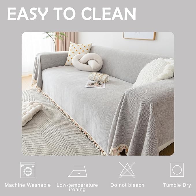 HANDONTIME Grey Sofa Cover for Couch Boho Couch Cover for 3 Seat Dog Couch Cover Love Seat Couch Covers Light Grey Sectional Cover 71" X118" Tassel Chenille Herringbone Sofa Covers Washable