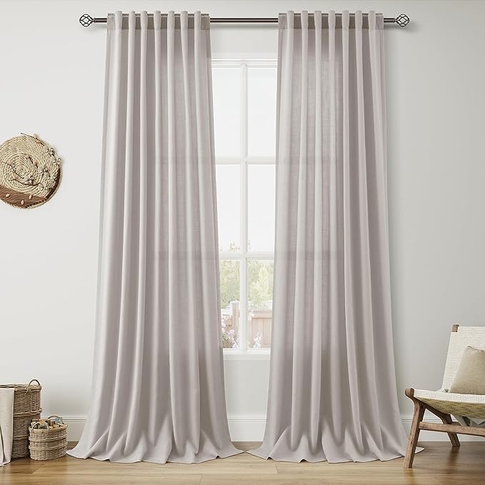 Nanspring Stone Grey Linen Curtains 90 Inches Long for Living Room Simple Modern Light Filtering Semi Sheer Curtain Back Tab and Rod Pocket Neutral Luxury Drapes for Bedroom Office 52x90, 2 Panels