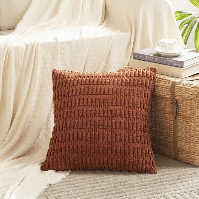 Fancy Homi 4 Packs Rust Decorative Throw Pillow Covers 26x26 Inch for Living Room Couch Bed Sofa, Terracotta Rustic Farmhouse Boho Home Decor, Soft Plush Striped Corduroy Square Cushion Case 66x66 cm