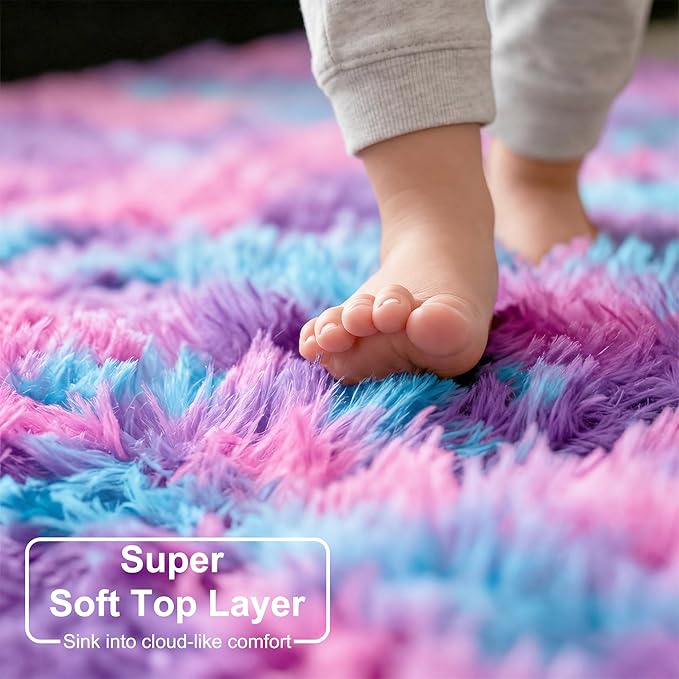 Amdrebio Hot Pink Rainbow Round Circle Area Rug 6Ft for Girls Bedroom, Large Fluffy Cute Fuzzy Colorful Pastel Kids Rugs for Nursery Playroom Classroom, Shag Princess Carpet for Baby Toddler Teen