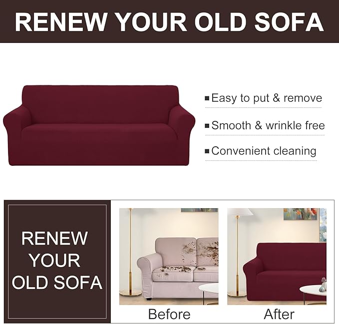 U-NICE HOME 4 Seater Stretch Couch Cover Sofa Cover Washable Sofa Slipcover Furniture Protector for 3 Cushion Couch Sofa Pet Friendly, Burgundy