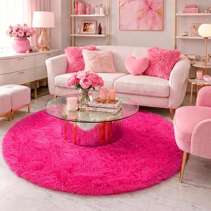 Hot Pink Round Rugs 5Ft for Girls Bedroom, Fluffy Circle Area Rug for Kids Room Decor Aesthetic, Shag Plush Fuzzy Furry Carpet for Living Room, Nursery, Dorm, Classroom, Teen, Cute Princess Baby Rug
