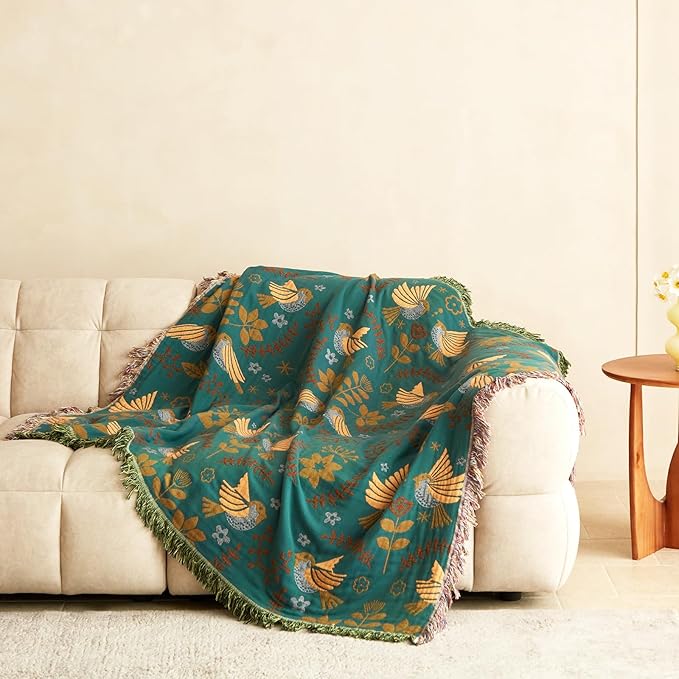 MSGKV Boho Throw Blanket 50"x60" Cotton Blanket for Couch and Sofa Cover for Living Room Spring Throw Decorative Woven Bird Blankets