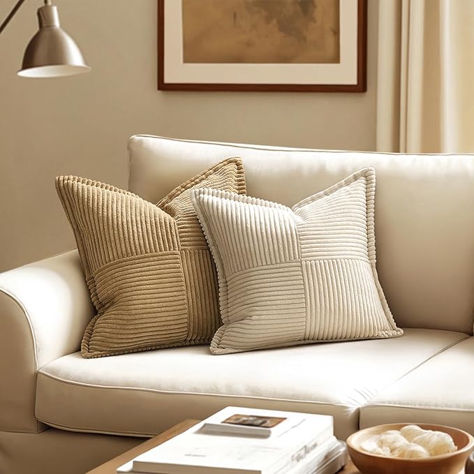 MIULEE Decorative Throw Pillow Covers for Couch Bed Livingroom 16x16 Inch Set of 2 Beige Boho Accent Throw Pllows Broadside Striped Patchwork Soft Corduroy Pillowcases