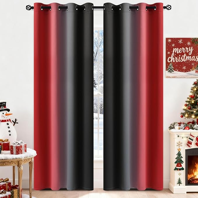 Yakamok Blackout Ombre Red and Black Curtains for Bedroom, Gradient Room Darkening Curtains, Grommet Thermal Insulated Light Blocking Window Drapes/Curtain for Living Room,52 x 84 Inch,2 Panels