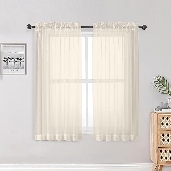 OWENIE Sheer Curtains, Cream Sheer Curtains 50 Inch Length 2 Panels Set, Rod Pocket Voile Fimly Sheer Drapes for Living Room Bedroom, 2pcs, Cream, Each 42" W x 50" L