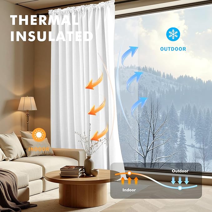 MIULEE 100% Blackout Linen Curtains for Bedroom, Bright White Solid Luxury Decor Thermal Insulation Room Darkening Drapes for Living Room Nursery Back Tab Rod Pocket 42 x 72 Inches, 2 Panels