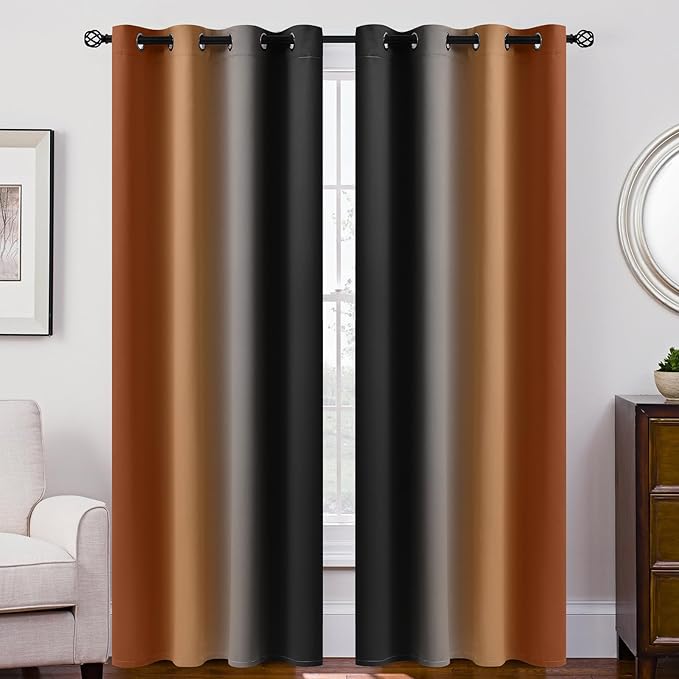 SimpleHome Ombre Room Darkening Curtains 84 inches Length for Bedroom,Grommet Gradient Light Blocking Burnt Orange and Black Gradient Window Curtains for Living Room,2 Panels, 52x84 inches