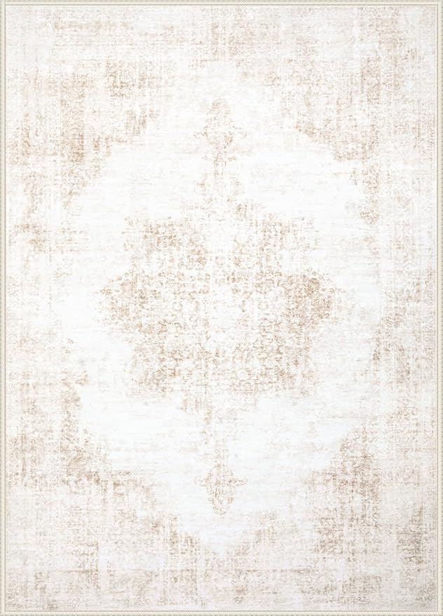 Area Rug 6x9 Vintage Rug: Washable Living Room Rugs Retro Medallion Distressed Large Rugs Soft Low Pile Non-Slip Indoor Floor Carpet for Bedroom Kitchen Nursery Dining Table Office (Beige, 6'x9')