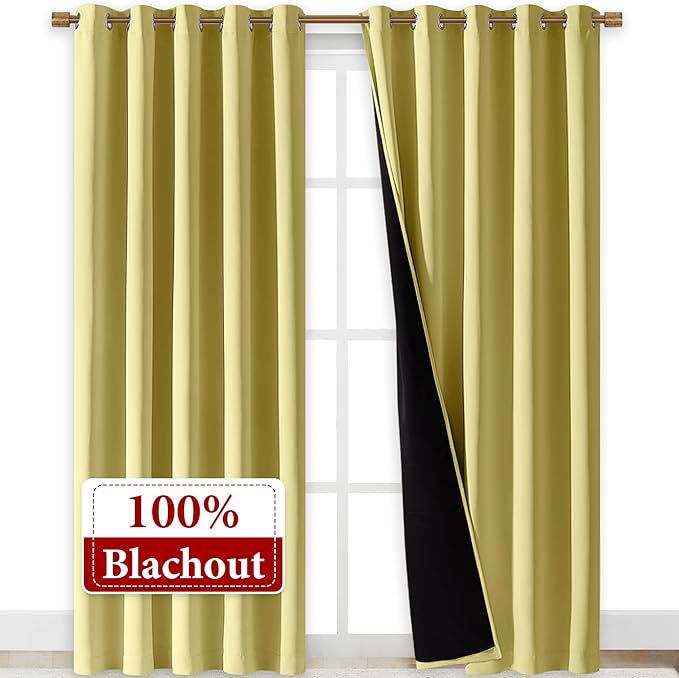 NICETOWN Paler Yellow Full Shade Curtain Panels, Pair of Energy Smart & Noise Blocking Out Blackout Drapes for Dining Room Window, Thermal Insulated Guest Room Lined Window Dressing, 70 x 84 inch