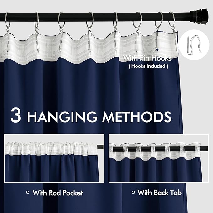 MIULEE Navy Blue Back Tab Blackout Curtains 108 Inch Long 2 Panels Set for Bedroom, Rod Pocket/Pinch Pleat Extra Long Thermal Insulated Living Room Darkening Pleated Light Blocking Drapes