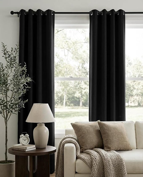 100% Blackout Shield Linen Blackout Curtains for Bedroom, Black Grommet Curtains for Living Room, Thermal Insulated Room Darkening Drapes for Nursery, Boho Home Decor, 50" W x 108" L, 2 Panels