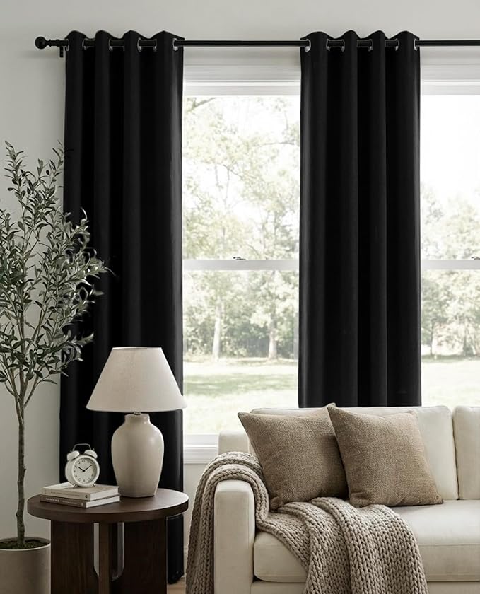 100% Blackout Shield Linen Blackout Curtains for Bedroom, Black Grommet Curtains for Living Room, Thermal Insulated Room Darkening Drapes for Nursery, Boho Home Decor, 50" W x 90" L, 2 Panels
