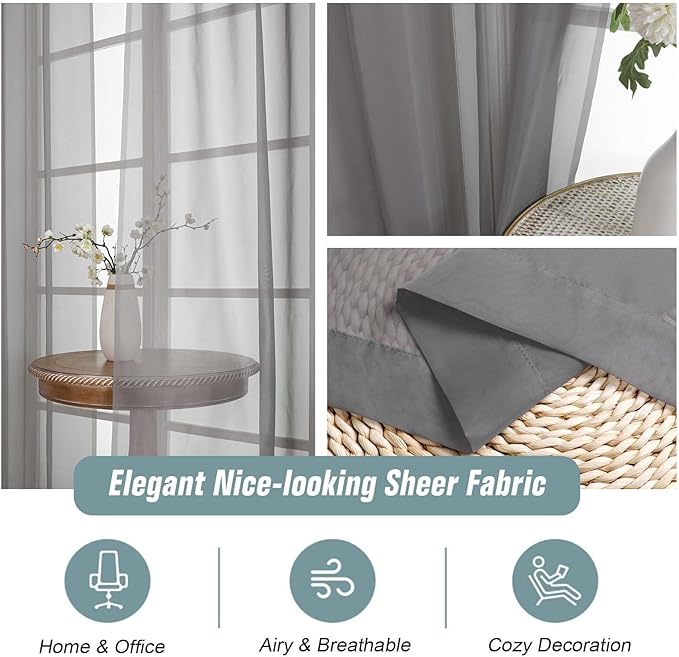 Grey Sheer Curtains 90 Inches Long 2 Panels, Light Filtering Solid Sheer Curtains for Bedroom Living Room, Lightweight Soft Airy Sheer Drapes, Dual Rod Pocket, Charcoal Grey, 2x42Wx90L Inches