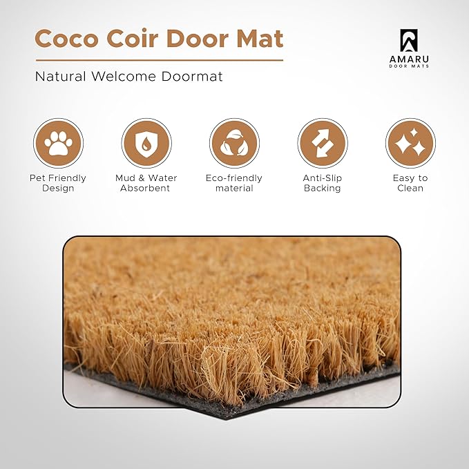 Be Happy - 17"x29" - Coir Door Mat with Heavy Duty Backing - Welcome Mats for Entryway, Porch - Anti-Slip PVC & Coconut Fiber Surface - Natural Home Accessories, Minimalist Original Design