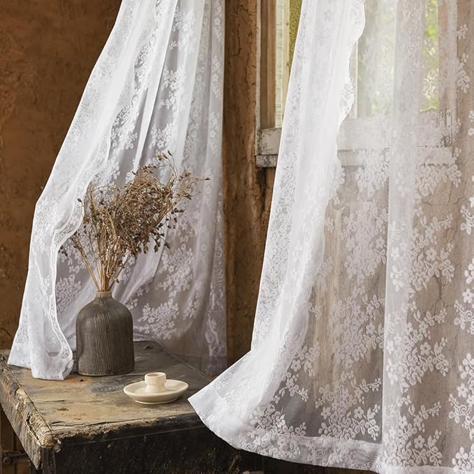 YJ YANJUN Vintage Lace Curtains Chic Floral White Short Sheer Bathroom Curtains for Small Window 2 Panels, Light Filtering Net Drapes for Bedroom, Laundry Room Light Filtering W52 X L45