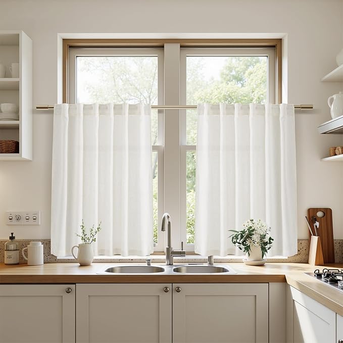 Nanspring Beige White Cafe Curtains 40 Inch Length for Kitchen Small Window Linen Blend Semi Sheer Curtain with Back Tab and Rod Pocket Front Door Drapes for Bedroom 2 Panels Set 40 X 40 Inch