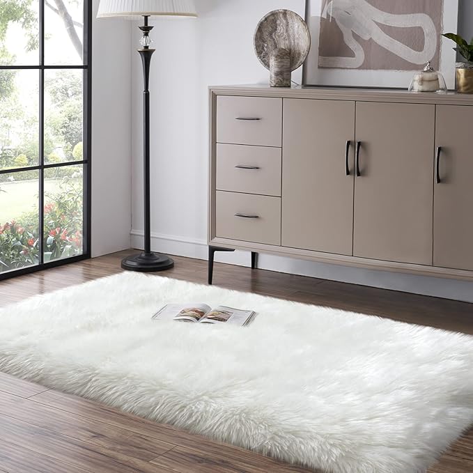 White Fluffy Rug for Bedroom, 2'X6' Faux Fur Rug for Runner, Soft Shag Rug for Sofa Couch Cushion, Cozy Shaggy Fuzzy Plush Floor Carpet for Nursery, Cute Bedside Dorm Home Decor Rectangle