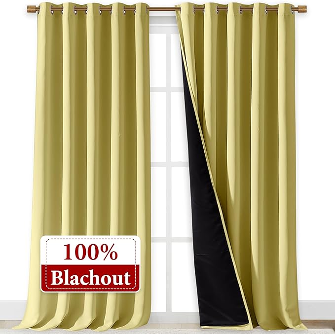 NICETOWN 100% Blackout Blinds, Laundry Room Decor Window Treatment Curtains for Large Patio Sliding Door, Thermal Insulated Paler Yellow Curtains for Bedroom, Set of 2, 70 inches x 108 inches