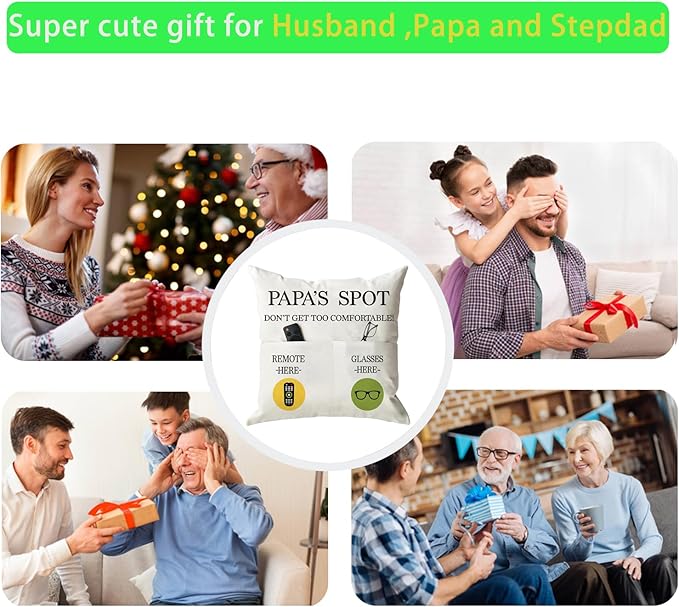 ONFAON Papa Gifts Throw Pillow Case, Papa's Spot Throw Pillow Covers 18 x 18 Inch,Put Phone Glasses and Remote Control Pillowcase,Birthday Christmas Thanksgiving Day Gifts for Papa Stepdad 3-Pocket