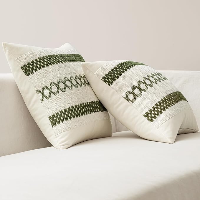 MIULEE Set of 2 Moss Green Boho Decorative Lumbar Pillow Covers 12x20 Inch Farmhouse Rustic Couch Throw Pillows Modern Summer Cushion Covers Retro Cute Macrame Woven Spring Decor for Bed Sofa Chair