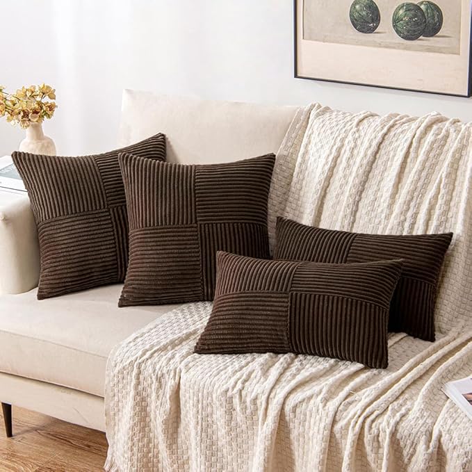 MIULEE Dark Brown Decorative Throw Pillow Covers 20x20 Inch for Couch Bed Sofa Pack of 2 Boho Farmhouse Throw Pillows Soft Cross Corduroy Patchwork Textured Cushion Cases