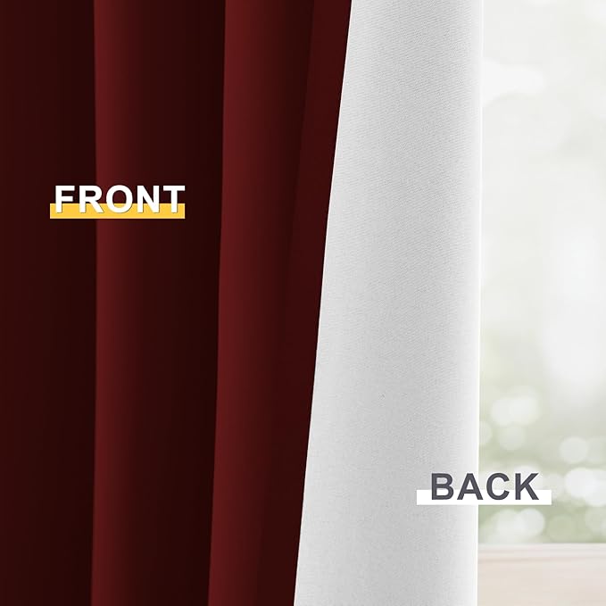 Yakamok 100% Blackout Curtain Panels 84 inches Cold and Light Blocking Drapes for Nursery, 2 Thick Layers Thermal Insulated Draperies (2 Pieces, 50 inch Width, Burgundy Red/White Backing)