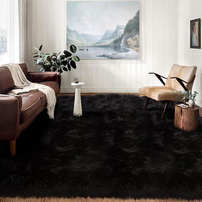Latepis 10x14 Area Rugs for Living Room Black Fur Faux Sheepskin Rug Large Fuzzy Rugs Shaggy Fluffy Rug for Bedroom Sofa Office Entertainment Room, Rectangle