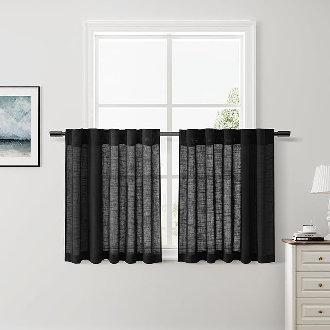 Nanspring Black Short Kitchen Linen Curtains 30 Inch Length Kitchen, Semi Sheer Linen Blend Cafe Curtains Back Tab and Rod Pocket Basement Drapes,2 Panels 30 x 30 Inch