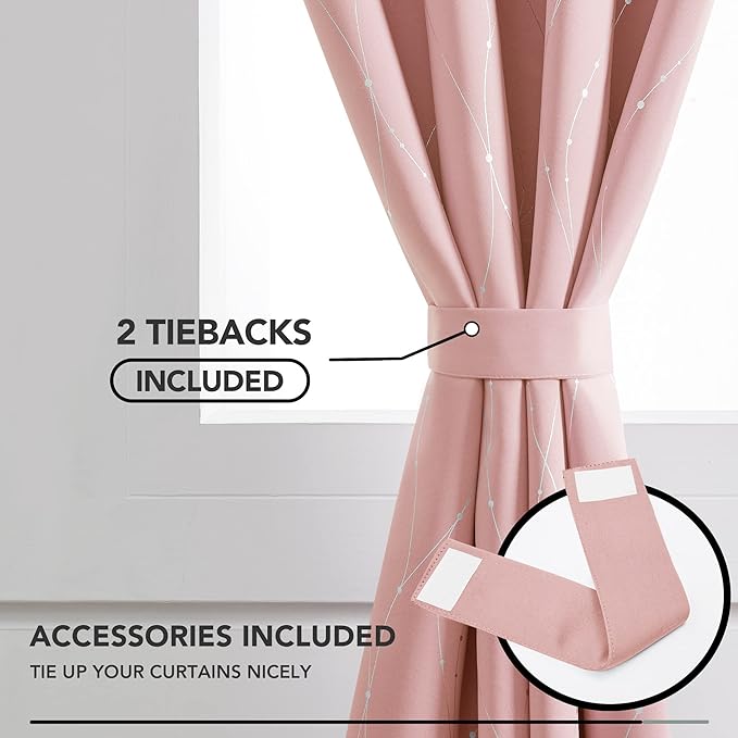 Deconovo Pink Curtains, Blackout Drapes, Thermal Insulated Soundproof Curtain, Silver Wave Dots Print, 45 x 45 Inch Long, Machine Washable Window Panels for Girls Bedroom Living Room Kitchen, Set of 2
