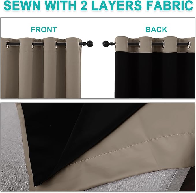 NICETOWN 100% Blackout Curtains with Black Liners, Thermal Insulated Full Blackout 2-Layer Lined Drapes, Noise Cancellation Window Draperies for Dining Room (Taupe, 2 Panels, 55-inch W by 57-inch L)