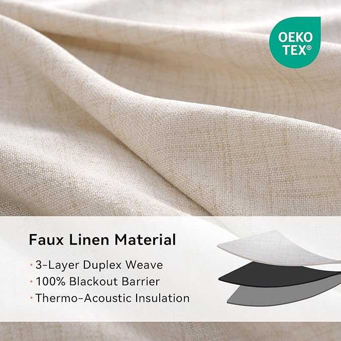 100% Blackout Shield Linen Blackout Curtains for Bedroom, Oatmeal Grommet Curtains for Living Room, Thermal Insulated Room Darkening Drapes for Nursery, Boho Home Decor, 50" W x 96" L, 2 Panels