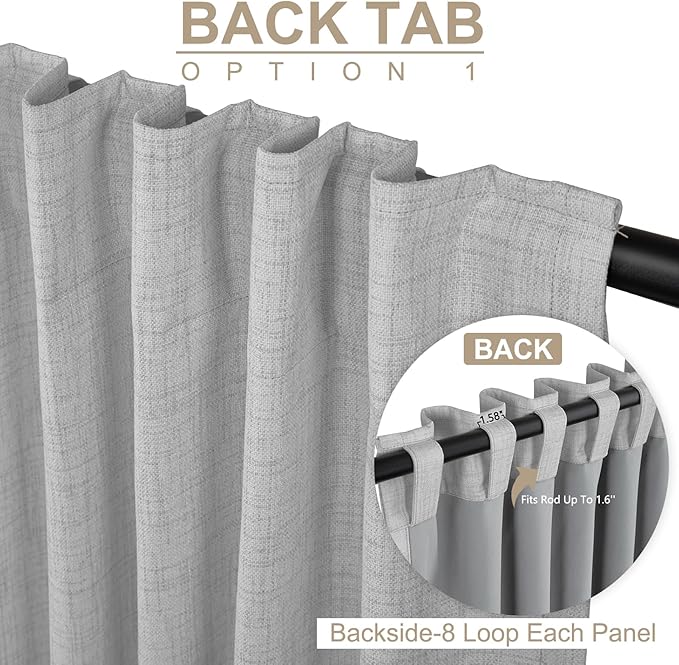 100% Blackout Shield Linen Blackout Curtains for Bedroom 96 Inches Long, Back Tab/Rod Pocket Living Room Drapes, Thermal Insulated Blackout Curtains 2 Panels Set, 50" W x 96" L, Grey