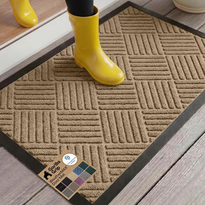 GORILLA GRIP 100% Waterproof All-Season WeatherMAX Doormat US Designed Natural Rubber, Stain and Fade Resistant, Low Profile Indoor Outdoor Door Mats, Easy Clean Patio Mat, 29x17, Beige Diamond