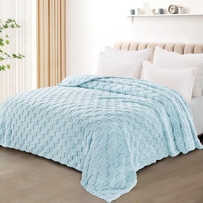 Exclusivo Mezcla Queen Size Flannel Fleece Blanket, Super Soft and Warm Lightweight Checkered Pattern Blankets for All Seasons, 90x90 Inches, Light Blue